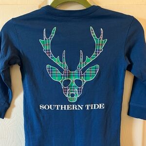 Southern Tide Kids Navy Blue Green Plaid Deer Long Sleeve T-shirt‎ Sz XS 4-5